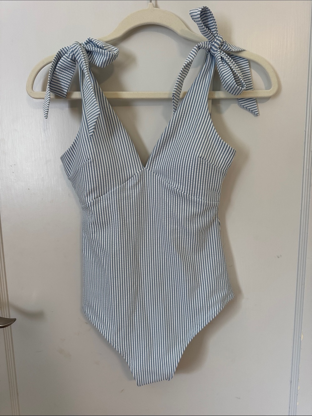 H&M Seersucker Tie-Shoulder One-Piece Swimsuit - Blue & White XS